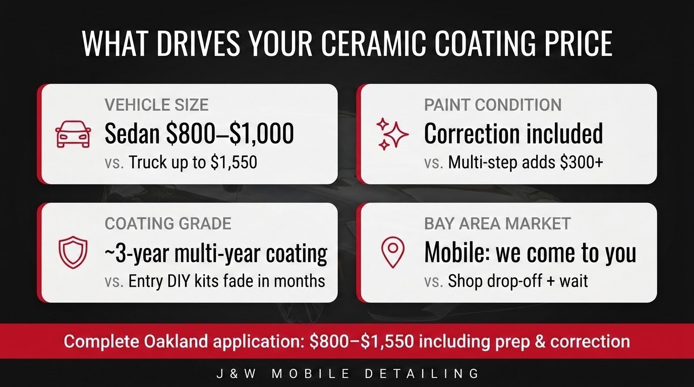 Four factors that drive ceramic coating price in Oakland: vehicle size, paint condition, coating grade, and market